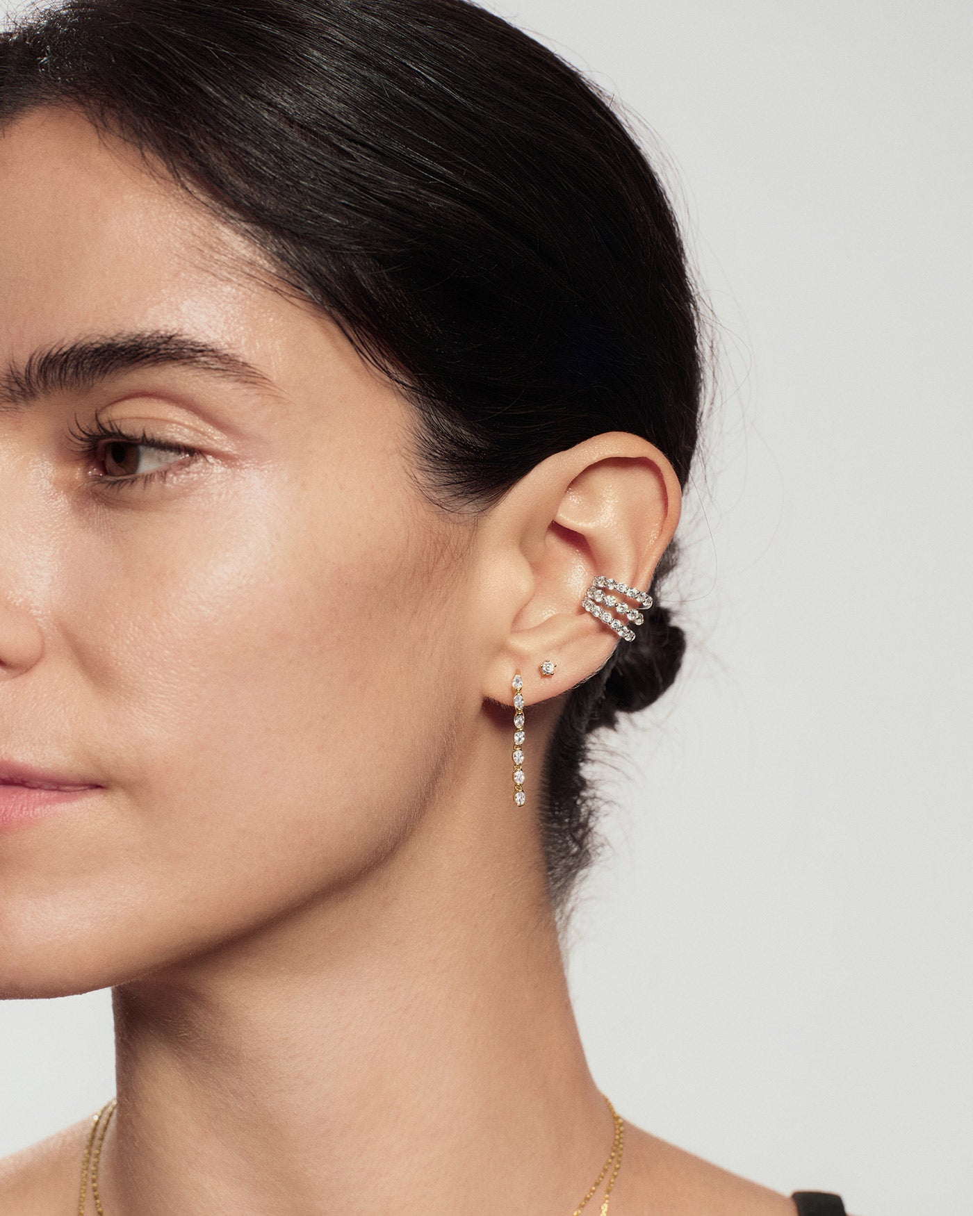 Gold Half-Bezel Oval Linear Dangle Stud Earrings