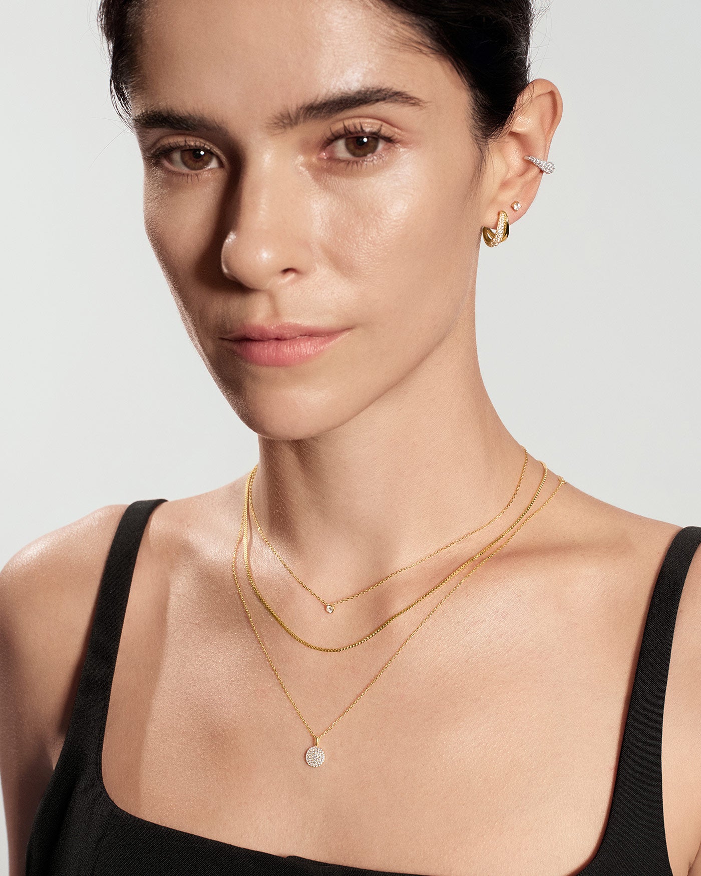 Gold Glam Disc Pendant Necklace on neck