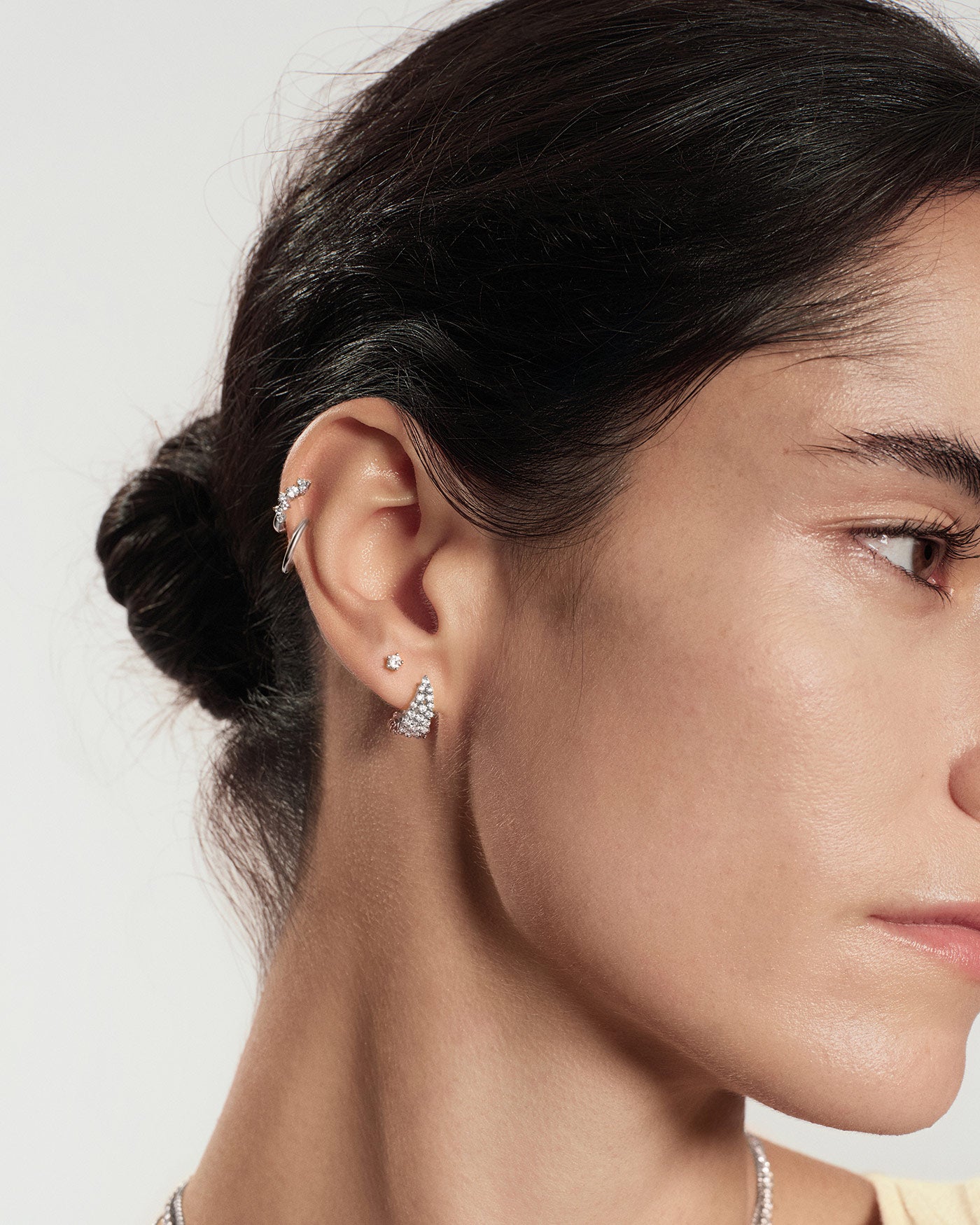 Silver Pavé Openwork Curved Stud Hoop Earrings