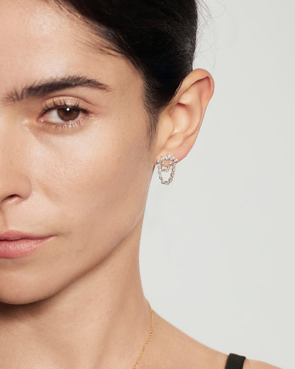 Silver Sparkling Arc with Double Chain Stud Earrings