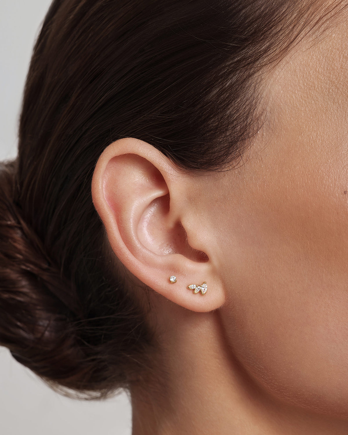 Gold Half-Bezel Triple Marquise Stud Earrings