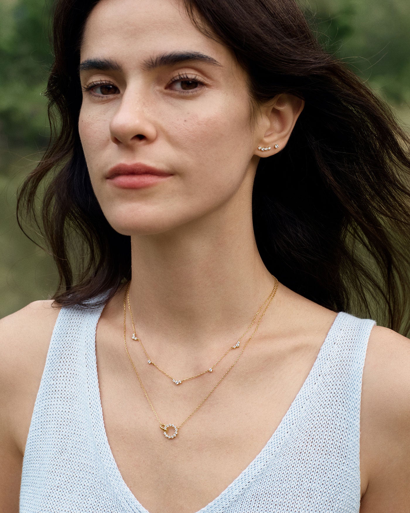 Gold Interlinked Circles Pavé Necklace layered with delicate gold chains