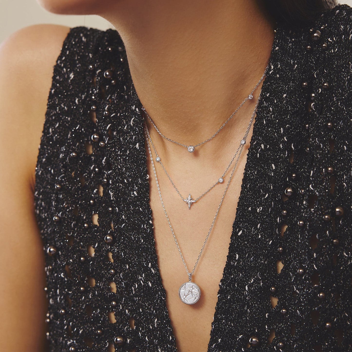 Silver Eight-Pointed Star Cubic Zirconia Station Necklace
