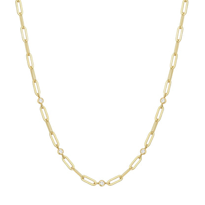 Gold Bezel Station Paper Clip Chain Necklace