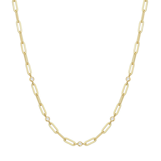 Gold Bezel Station Paper Clip Chain Necklace