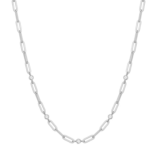 Silver Bezel Station Paper Clip Chain Necklace
