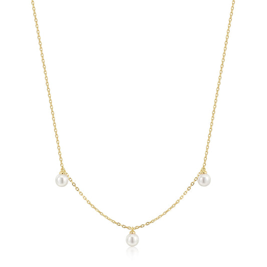Gold Triple Shell Pearl Station Necklace