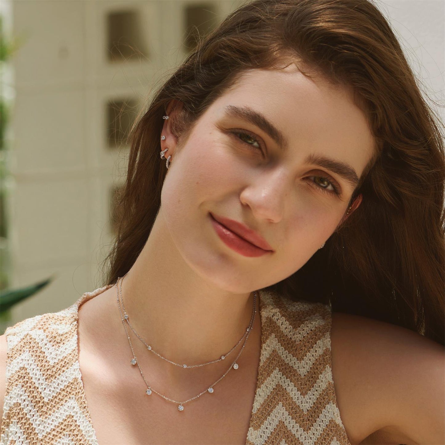 Silver Molten Bezel-Set Droplet Station Necklace