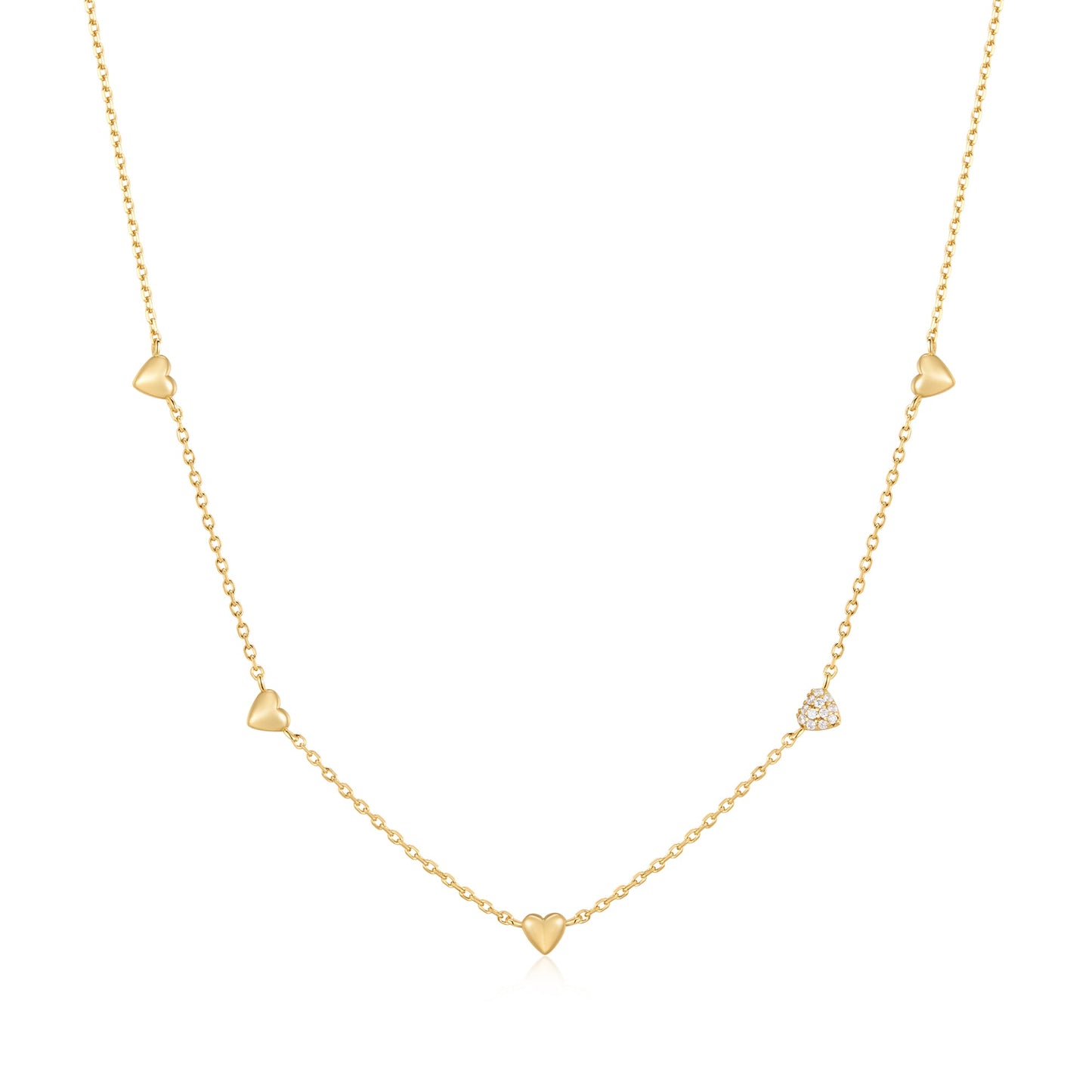 Gold Pavé Puffed Heart Station Necklace