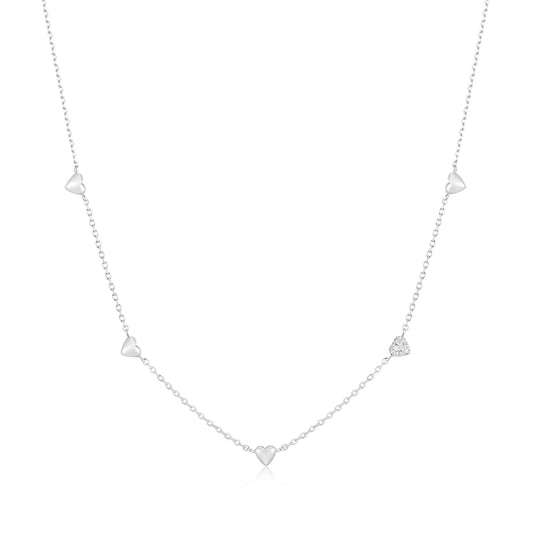 Silver Pavé Puffed Heart Station Necklace