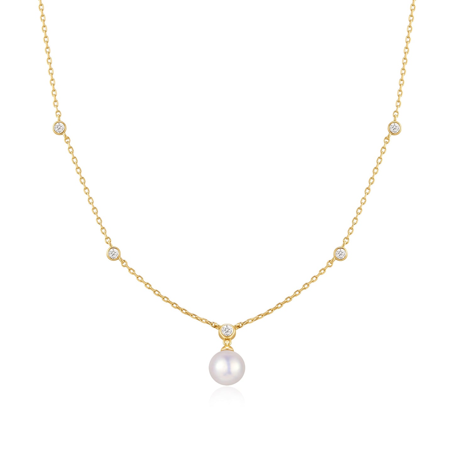 Gold Bezel-Set Station Necklace with Shell Pearl Pendant