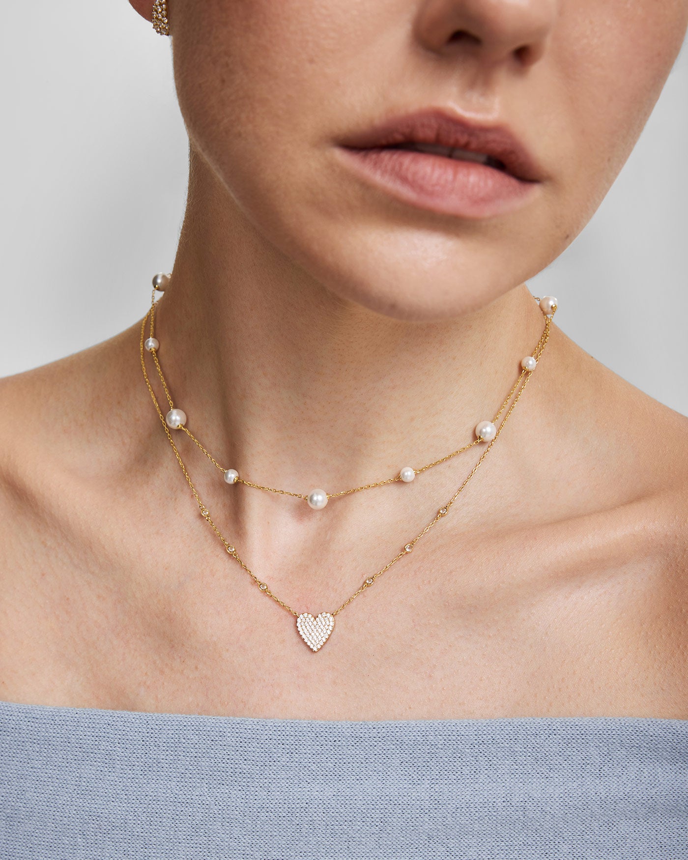 Gold Pavé Heart with Bezel Station Necklace