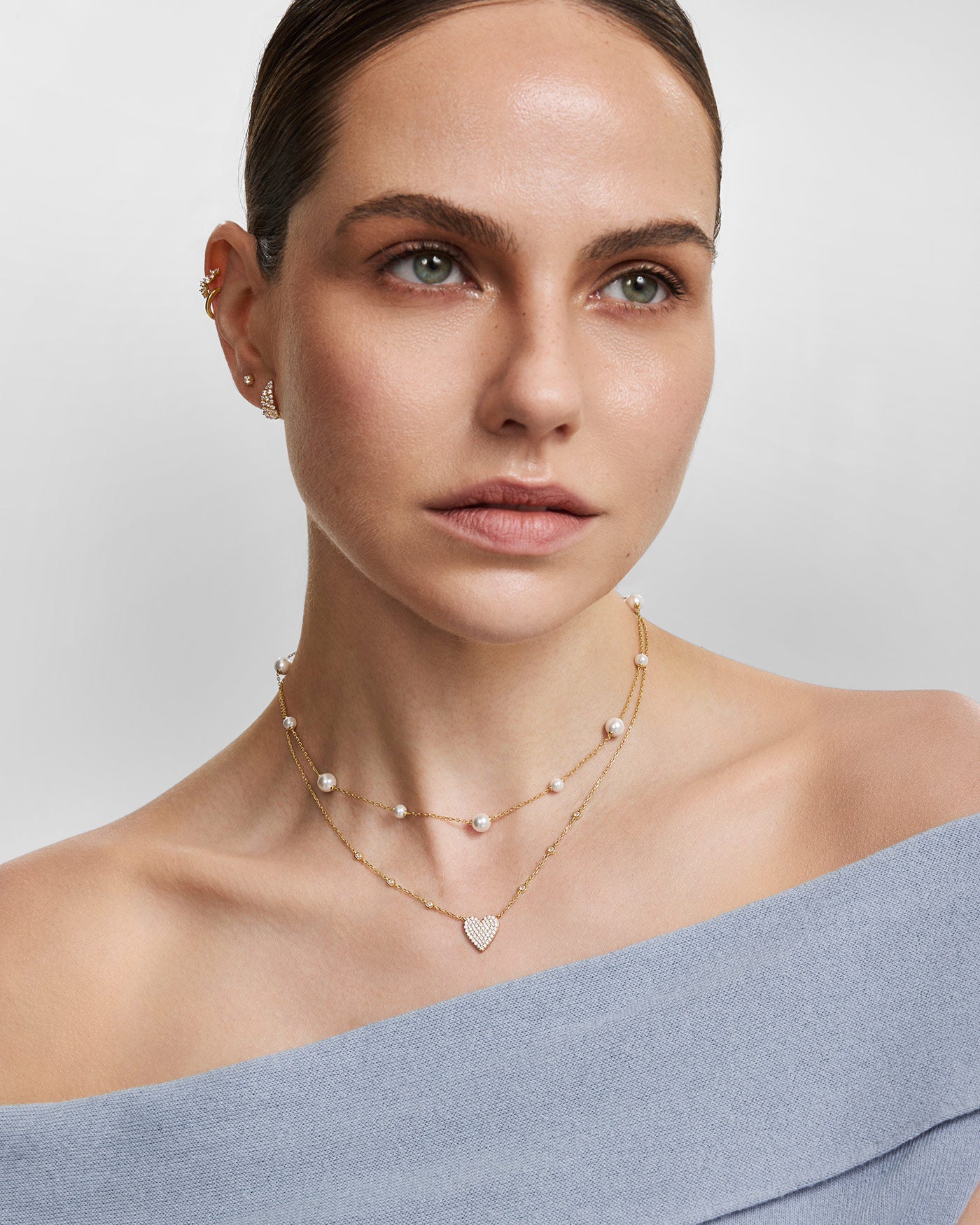 Gold Pavé Heart with Bezel Station Necklace